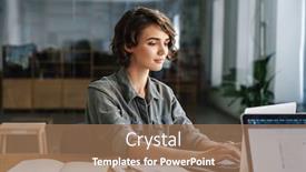  Presentation with working woman - Colorful PPT theme enhanced with image-of-young-beautiful-focused backdrop and a coral colored foreground