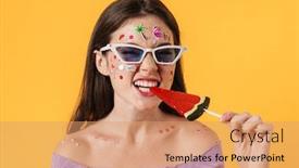  Presentation with lollipop - PPT theme enhanced with image-of-young-beautiful-woman background and a coral colored foreground