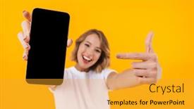  Presentation with basic - PPT theme enhanced with image of young blond woman in basic t-shirt pointing finger at smartphone in hand isolated over yellow background background and a gold colored foreground