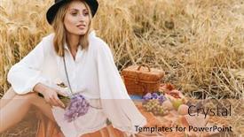  Presentation with golden woman - Cool new PPT theme with image-of-young-blond-woman backdrop and a coral colored foreground