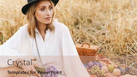  Presentation with golden woman - Presentation theme consisting of image-of-young-blond-woman background and a coral colored foreground