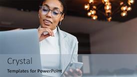  Presentation with office room - Audience pleasing theme consisting of image-of-young-brunette-african backdrop and a light blue colored foreground