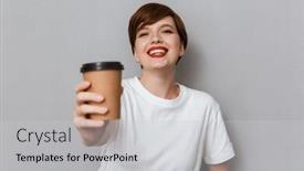  Presentation with takeaway coffee - PPT layouts enhanced with image of young brunette woman wearing casual t-shirt smiling and holding takeaway coffee cup isolated over gray background background and a light gray colored foreground