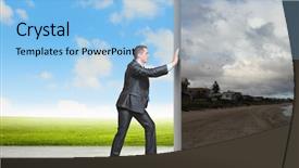 Presentation with climate change business - PPT theme having image of young business man background and a light blue colored foreground