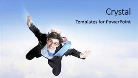  Presentation with parachute - PPT theme featuring image of young businessman flying background and a light blue colored foreground