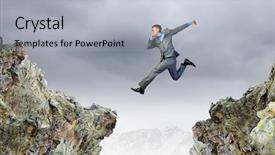  Presentation with gap - Beautiful PPT theme featuring image of young businessman jumping over gap backdrop and a light gray colored foreground