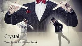  Presentation with leadership - Cool new slides with strings puppet - image of young businessman puppeteer backdrop and a soft green colored foreground