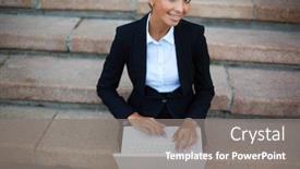  Presentation with steps - PPT theme having image of young businesswoman with laptop looking at camera while networking on steps of building background and a gray colored foreground