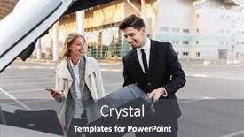  Presentation with luggage - Colorful presentation theme enhanced with image-of-young-caucasian-businesslike backdrop and a dark gray colored foreground