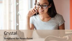  Presentation with coworking - Cool new PPT theme with image of young caucasian pretty woman indoors talking by mobile phone and reading magazine coworking concept backdrop and a coral colored foreground