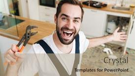  Presentation with pipe - PPT layouts featuring image-of-young-cheerful-happy background and a coral colored foreground