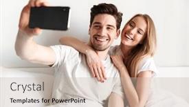  Presentation with take - Colorful slides enhanced with image of young cheerful loving couple lies in bed take a selfie by smartphone looking aside backdrop and a mint green colored foreground