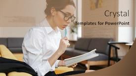  Presentation with coworking - Presentation theme enhanced with image of young concentrated business lady writing notes in notebook sitting indoors coworking looking aside background and a coral colored foreground