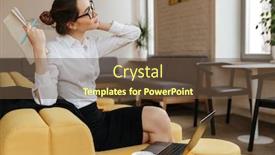  Presentation with coworking - PPT layouts with image of young concentrated business lady writing notes in notebook sitting indoors coworking looking aside background and a tawny brown colored foreground