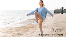  Presentation with exercise sport - Colorful slide deck enhanced with image of young concentrated pretty fitness woman outdoors on beach make yoga sport exercise backdrop and a lemonade colored foreground