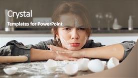  Presentation with dough - PPT layouts with image of young confused lady sitting in kitchen and cooking the dough looking at camera background and a dark gray colored foreground