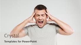  Presentation with closed - Colorful theme enhanced with image of young confused screaming man dressed in grey t-shirt isolated over grey wall eyes closed backdrop and a lemonade colored foreground