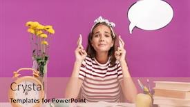  Presentation with thought - Slide deck with image of young cute girl sitting at desk and holding fingers crossed with thought bubble above her head isolated over violet background background and a coral colored foreground