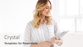  Presentation with secretary - Beautiful PPT layouts featuring image of young elegant secretary woman smiling and holding clipboard in white office backdrop and a light gray colored foreground