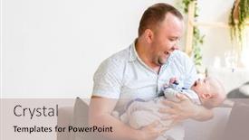  Presentation with newborn - Beautiful presentation design featuring image of young father with newborn son sitting on sofa backdrop and a soft green colored foreground