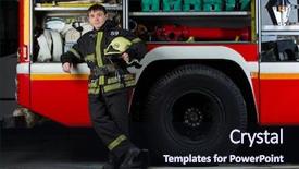  Presentation with fire truck - Theme with image of young fireman man background and a wine colored foreground