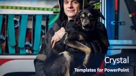  Presentation with fire truck - Cool new slide set with image of young fireman backdrop and a navy blue colored foreground