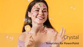  Presentation with lollipop - PPT theme enhanced with image-of-young-funny-woman background and a yellow colored foreground