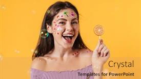  Presentation with lollipop - PPT theme featuring image-of-young-funny-woman background and a yellow colored foreground