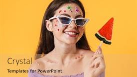  Presentation with lollipop - Slide set having image-of-young-funny-woman background and a coral colored foreground