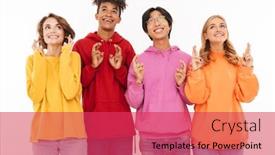  Presentation with hopeful - Colorful theme enhanced with image of young group of friends students standing isolated over white wall background showing hopeful gesture backdrop and a red colored foreground