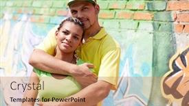  Presentation with graffiti - Colorful theme enhanced with image of young guy embracing his girlfriend on background of graffiti wall backdrop and a coral colored foreground