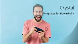  Presentation with happy-image - Beautiful PPT theme featuring image-of-young-handsome-emotional backdrop and a light blue colored foreground