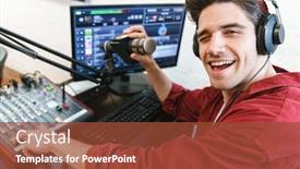  Presentation with radio station - Amazing slide deck having image-of-young-happy-caucasian backdrop and a tawny brown colored foreground