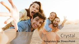  Presentation with young happy people smiling - Audience pleasing PPT layouts consisting of image-of-young-happy-caucasian backdrop and a coral colored foreground
