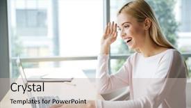  Presentation with coworking - Cool new slide deck with image of young happy lady sitting in office coworking while using laptop computer looking aside backdrop and a soft green colored foreground