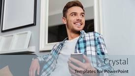  Presentation with cage - Cool new theme with image of young happy man dressed in shirt in a cage print sitting on sofa in home and looking aside while chatting by phone backdrop and a light blue colored foreground