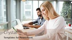  Presentation with coworking - Presentation design having image of young happy two colleagues in office coworking while using laptop and tablet computer looking aside background and a coral colored foreground
