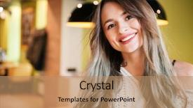  Presentation with happy image - Audience pleasing theme consisting of image of young happy woman backdrop and a coral colored foreground