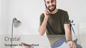  Presentation with young man on the phone - PPT layouts having image-of-young-joyful-man background and a light gray colored foreground