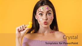  Presentation with rubber duck - PPT theme featuring image-of-young-joyful-woman background and a gold colored foreground