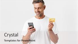  Presentation with credit card - Colorful PPT theme enhanced with image of young man 30s backdrop and a lemonade colored foreground