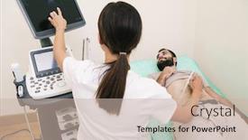  Presentation with medical ultrasound - Slide deck having image of young man getting abdominal ultrasound scan by female doctor in medical uniform at hospital background and a soft green colored foreground