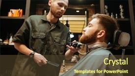  Presentation with haircut - PPT theme consisting of image of young man getting beard haircut by hairdresser while sitting in chair at barbershop background and a tawny brown colored foreground