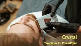  Presentation with haircut - Presentation having image of young man getting beard haircut by hairdresser while lies in chair at barbershop background and a tawny brown colored foreground