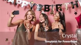  Presentation with pink birthday - Beautiful presentation design featuring image of young party girls in festive dresses taking selfie photo on smartphone while celebrating birthday isolated over pink background backdrop and a tawny brown colored foreground