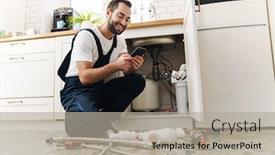  Presentation with plumber - PPT theme consisting of image-of-young-positive-smiling background and a light gray colored foreground