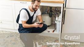  Presentation with plumber - Amazing slide set having image-of-young-positive-smiling backdrop and a coral colored foreground