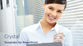  Presentation with secretary - Colorful slide set enhanced with image of young pretty secretary holding pen and folder backdrop and a sky blue colored foreground