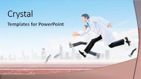  Presentation with running sock - Slide deck featuring delivery man giving a box to the female customer background and a gray colored foreground