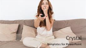  Presentation with lady - PPT theme with image of young scared emotional background and a mint green colored foreground